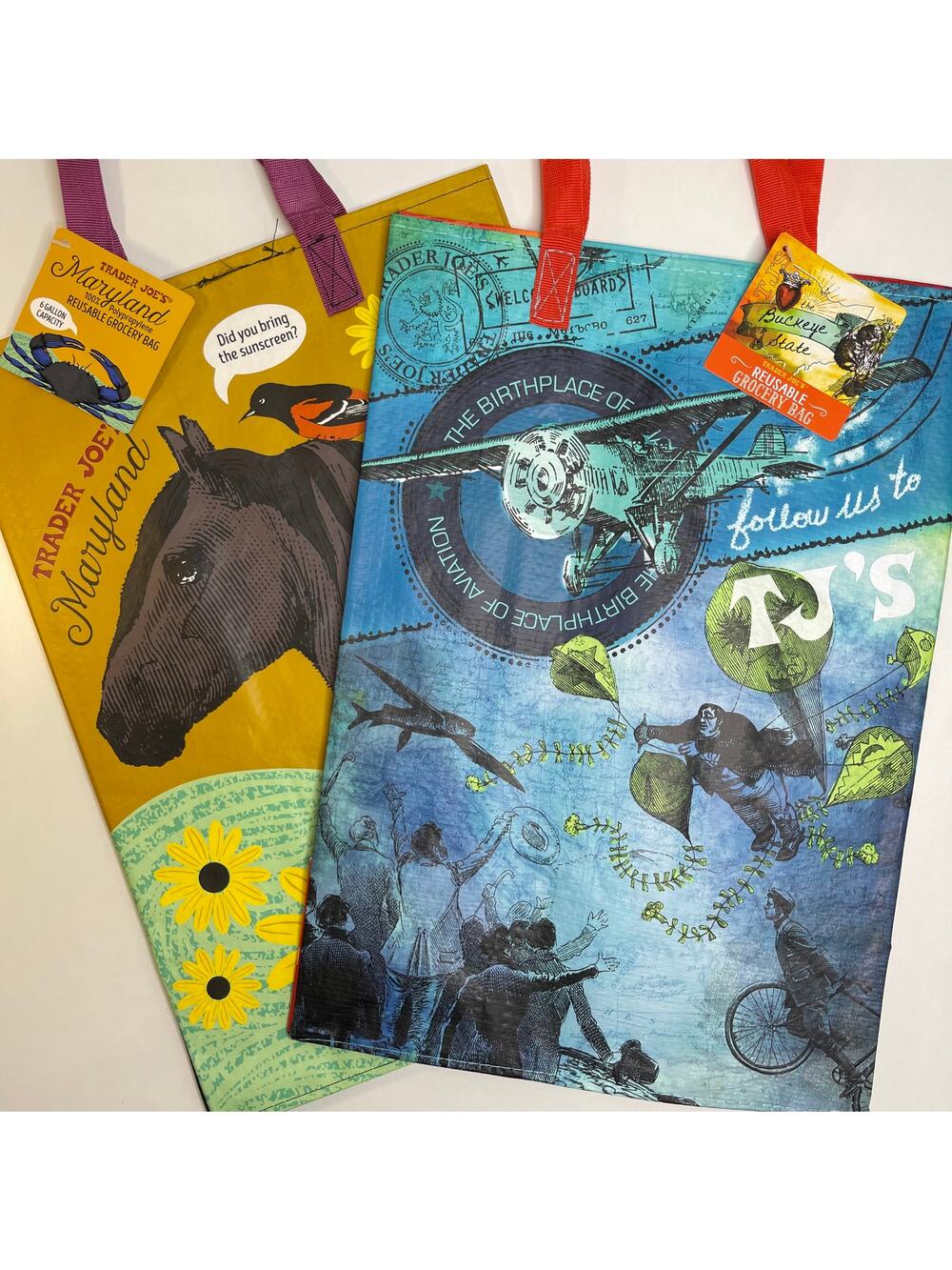 Set 2x Trader Joe’s State Reusable Illustrated Grocery Tote Bags MARYLAND + OHIO